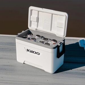 Igloo White Cooler with Black Handles and Gray Interior